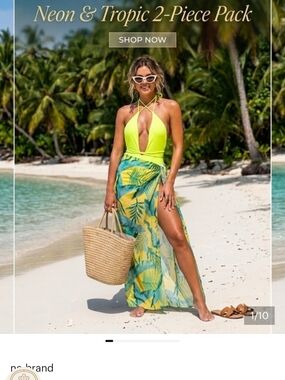Neon Yellow Halter One-Piece with Tropical Leaf Sarong